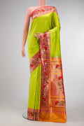 Parrot Green Dual Tone Paithani Silk Saree with Zari Butta on the body and Paithani Border.  displayed on a mannequin