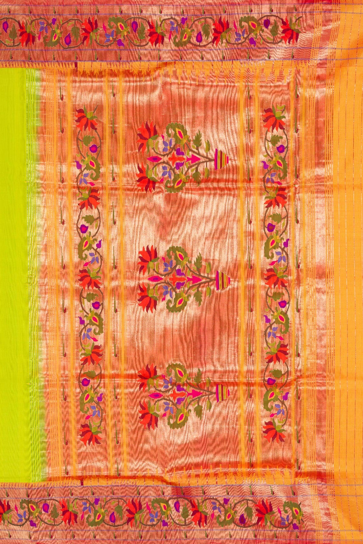 Close up image of the pallu of Parrot Green Dual Tone Paithani Silk Saree with Zari Butta on the body and Paithani Border. 