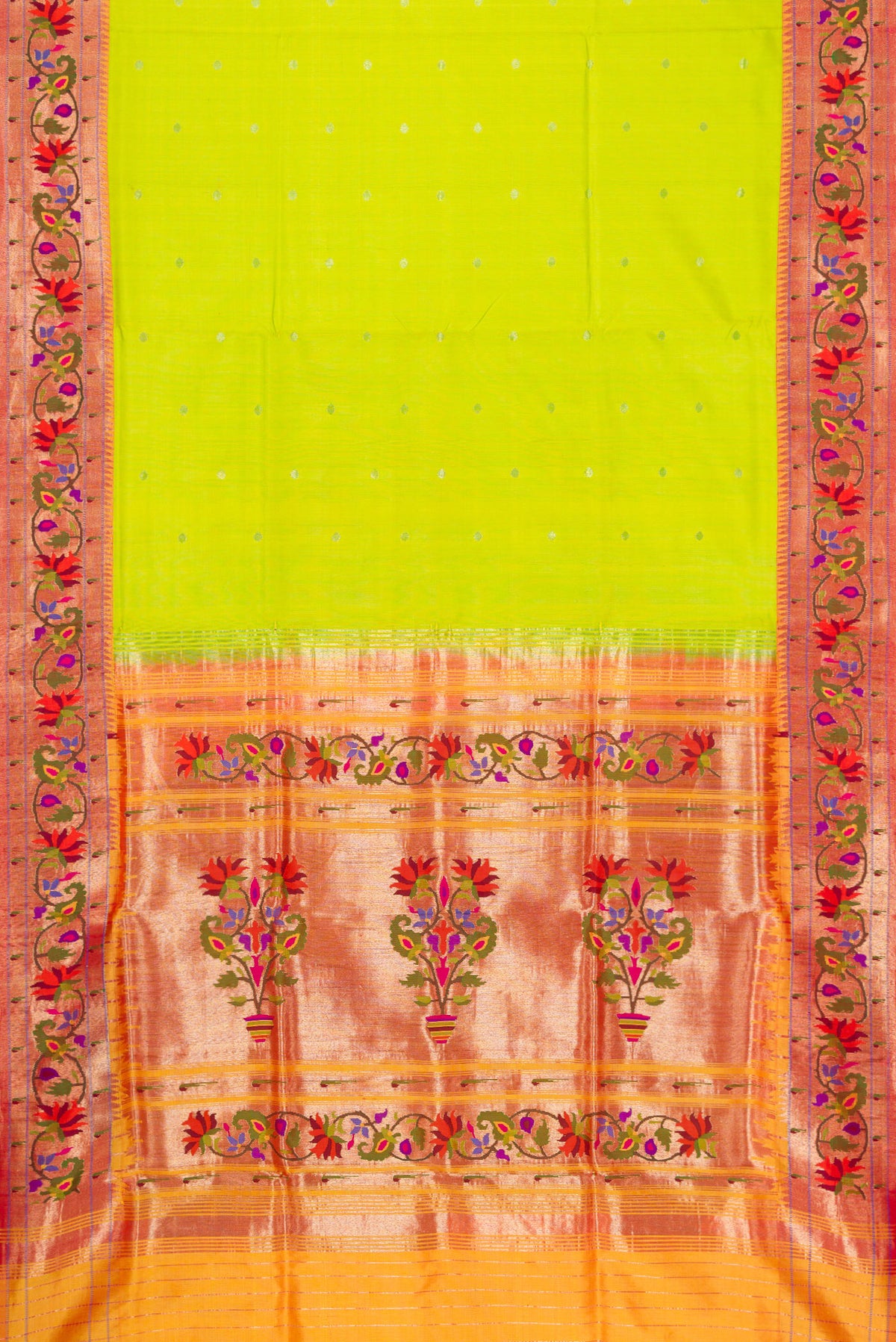 Flat view of Parrot Green Dual Tone Paithani Silk Saree with Zari Butta on the body and Paithani Border. 