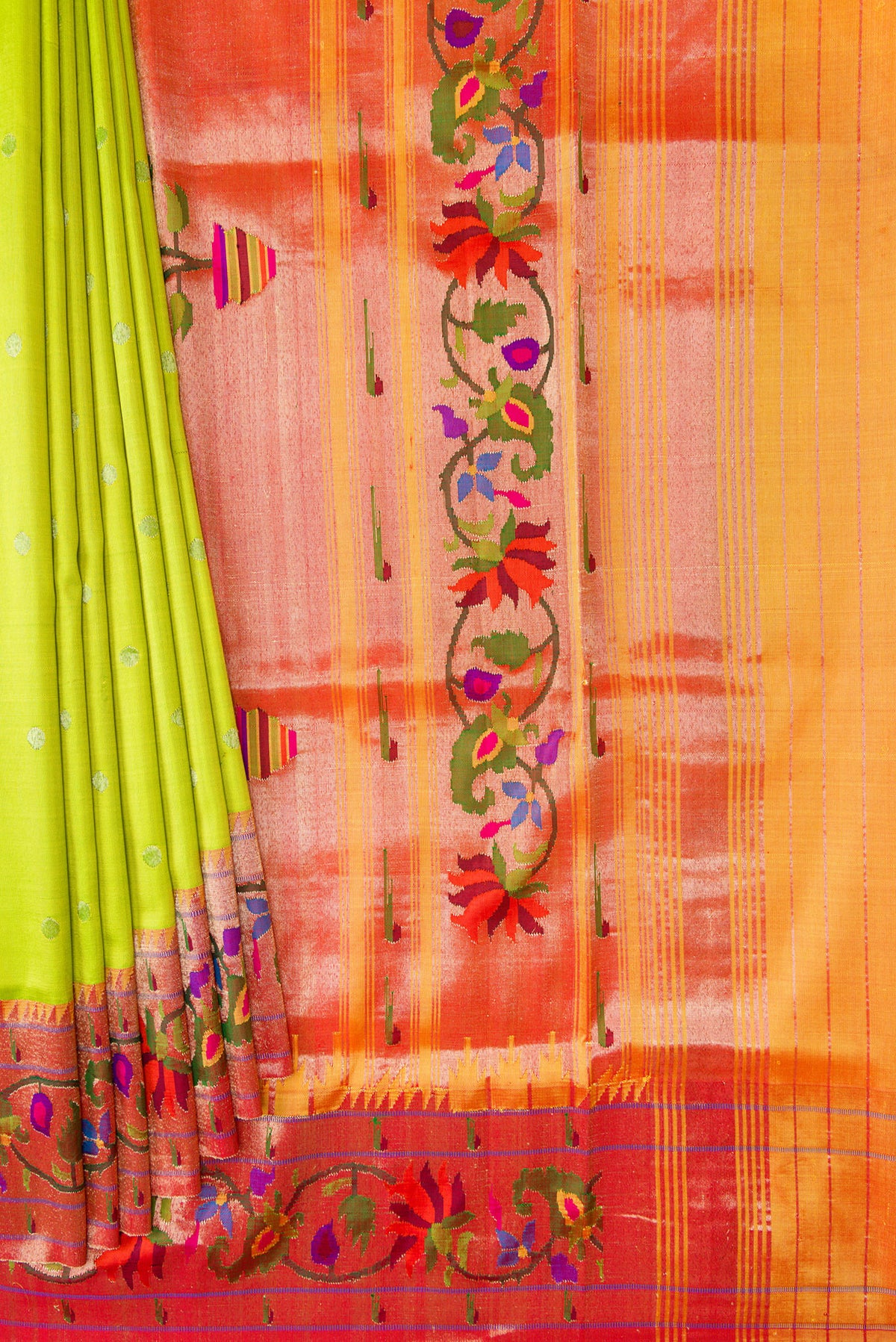 Pleats and pallu of Parrot Green Dual Tone Paithani Silk Saree with Zari Butta on the body and Paithani Border. 