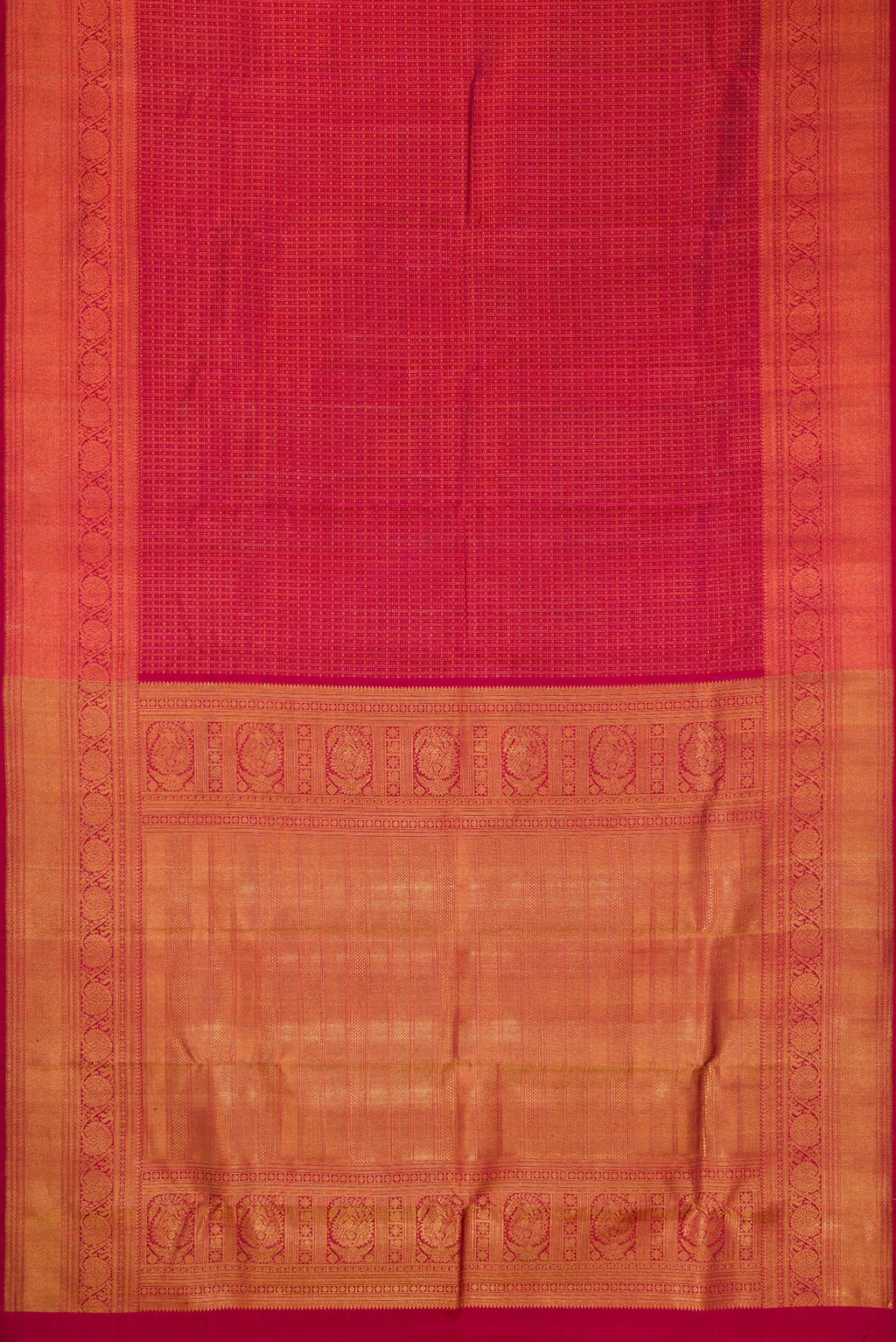Flat view of Maroon Dual Tone Kanchipuram Silk Saree with Zari Brocade on the body and Zari Border. 
