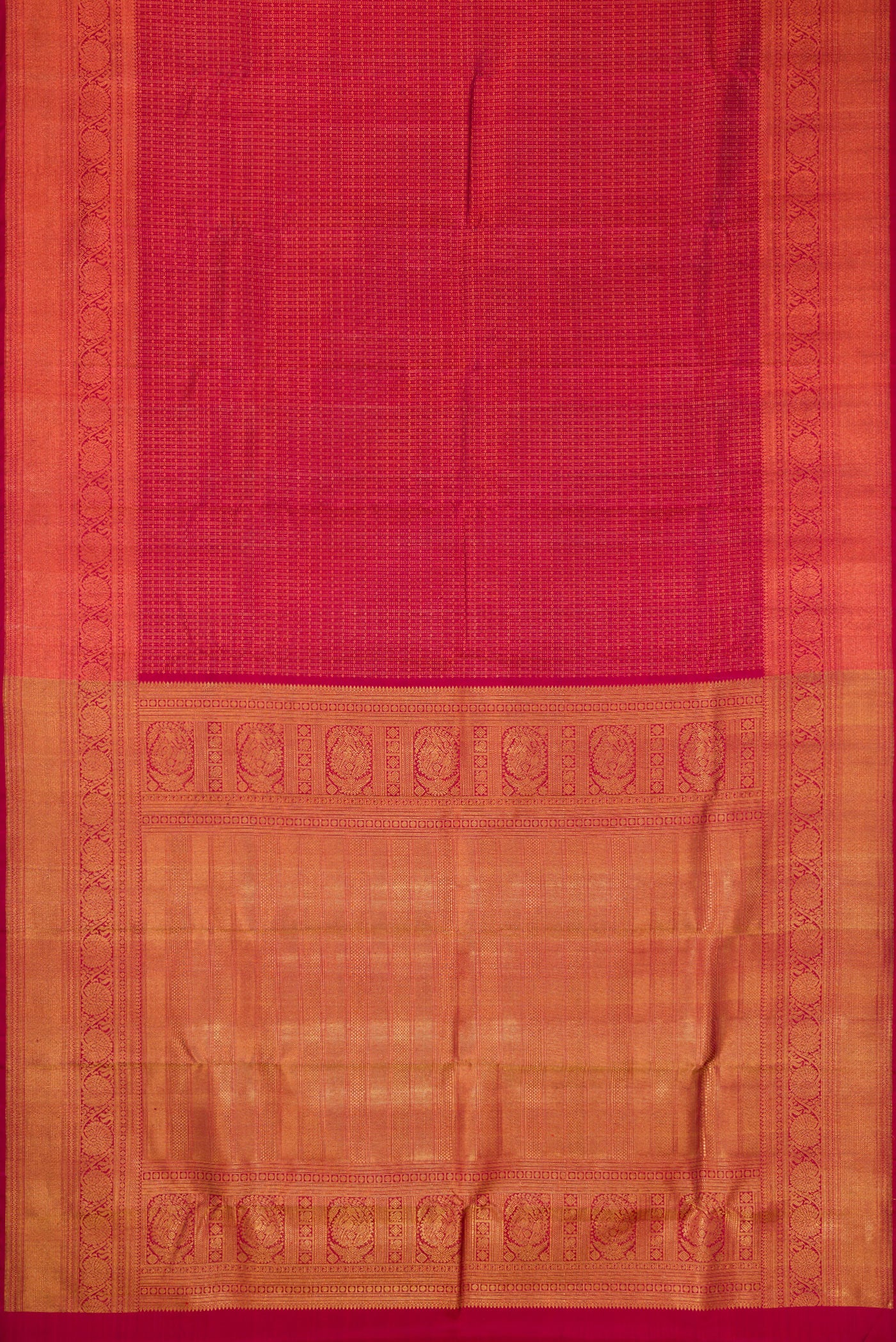 Flat view of Maroon Dual Tone Kanchipuram Silk Saree with Zari Brocade on the body and Zari Border. 