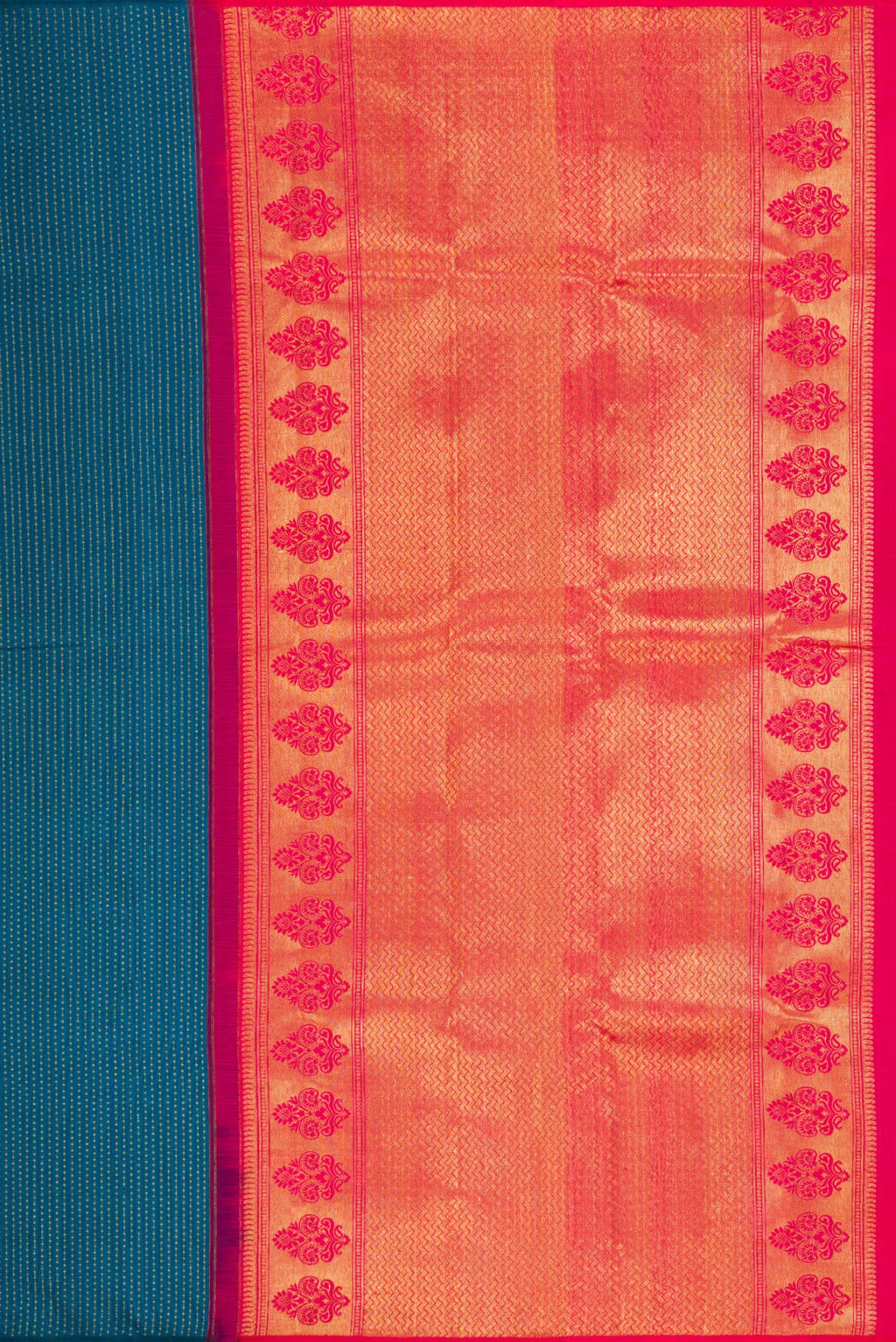 Close up image of the pallu of Peacock Blue Kanjivaram Silk Saree with Zari Butta on the body and Without Border. 