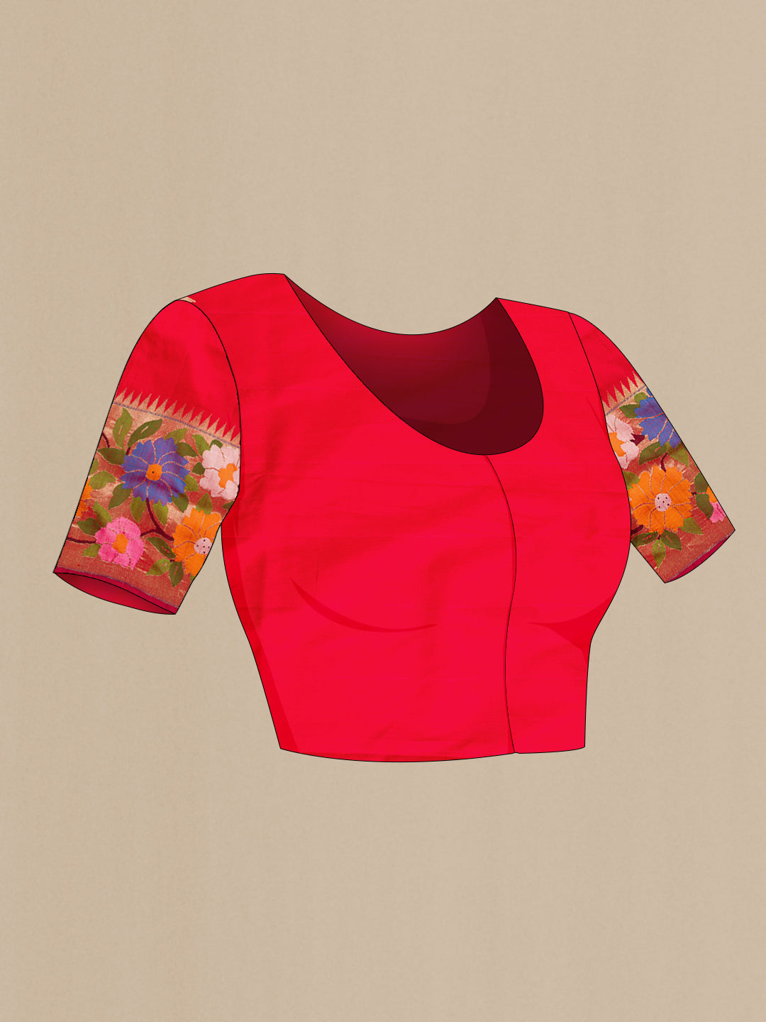 Close up image of the blouse of Red Dual Tone Paithani Silk Saree with Zari Butta on the body and Paithani Border. 