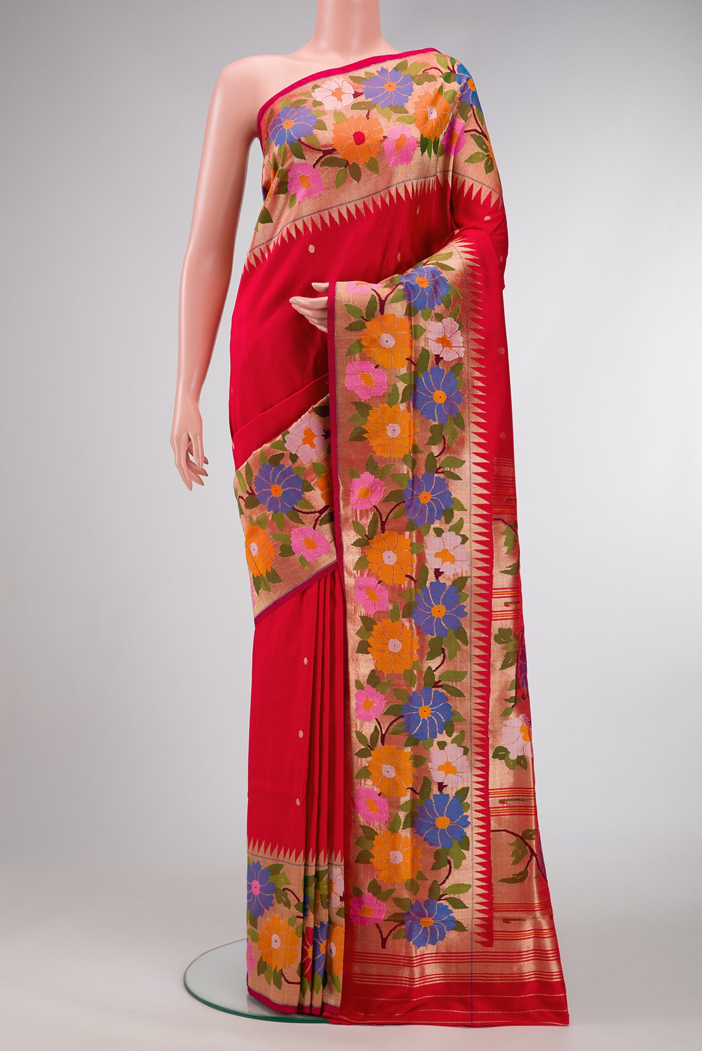 Red Dual Tone Paithani Silk Saree with Zari Butta on the body and Paithani Border.  displayed on a mannequin
