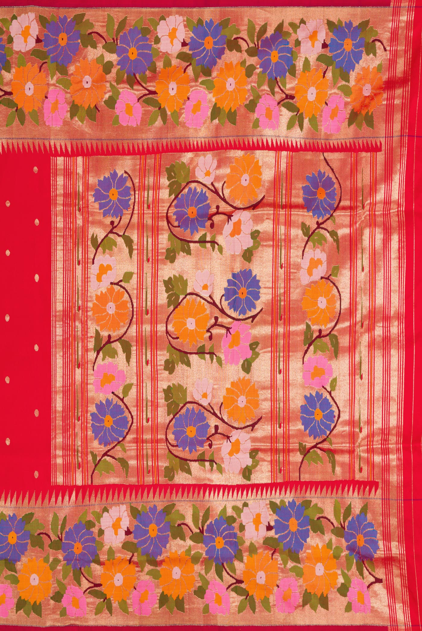 Close up image of the pallu of Red Dual Tone Paithani Silk Saree with Zari Butta on the body and Paithani Border. 