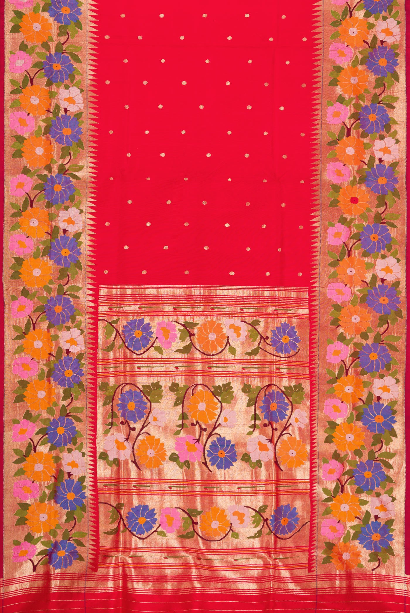 Flat view of Red Dual Tone Paithani Silk Saree with Zari Butta on the body and Paithani Border. 