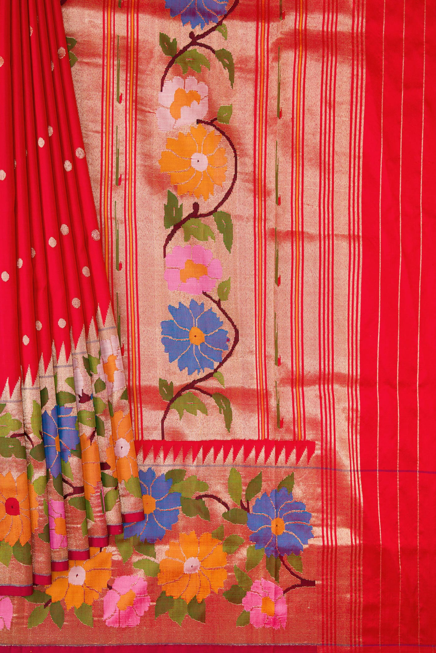 Pleats and pallu of Red Dual Tone Paithani Silk Saree with Zari Butta on the body and Paithani Border. 
