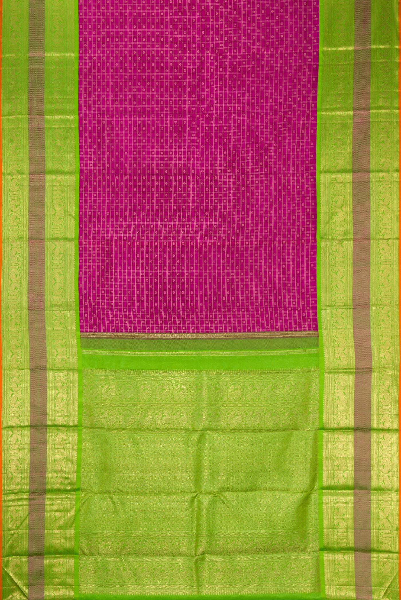 Flat view of Pure Silk Pure Zari Magenta Dual Tone Kanjivaram Saree with Zari Brocade on the body and Zari Border. 