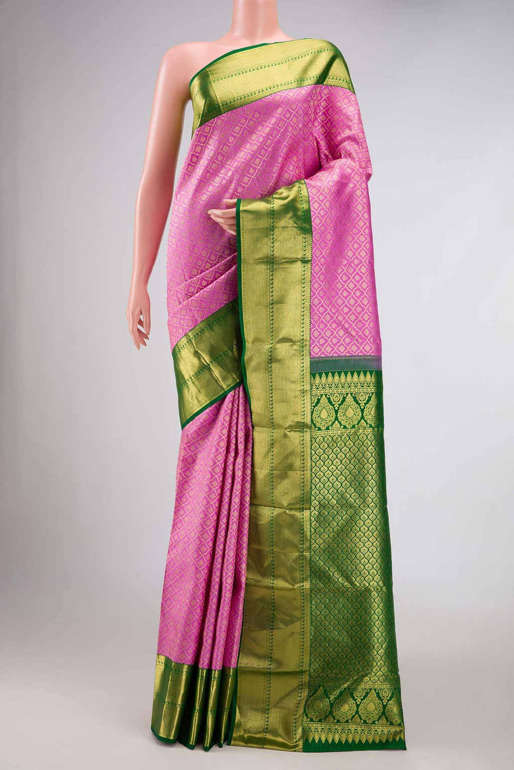 Pink Dual Tone Kanchipuram Silk Saree with Zari Brocade on the body and Zari Border displayed on a mannequin