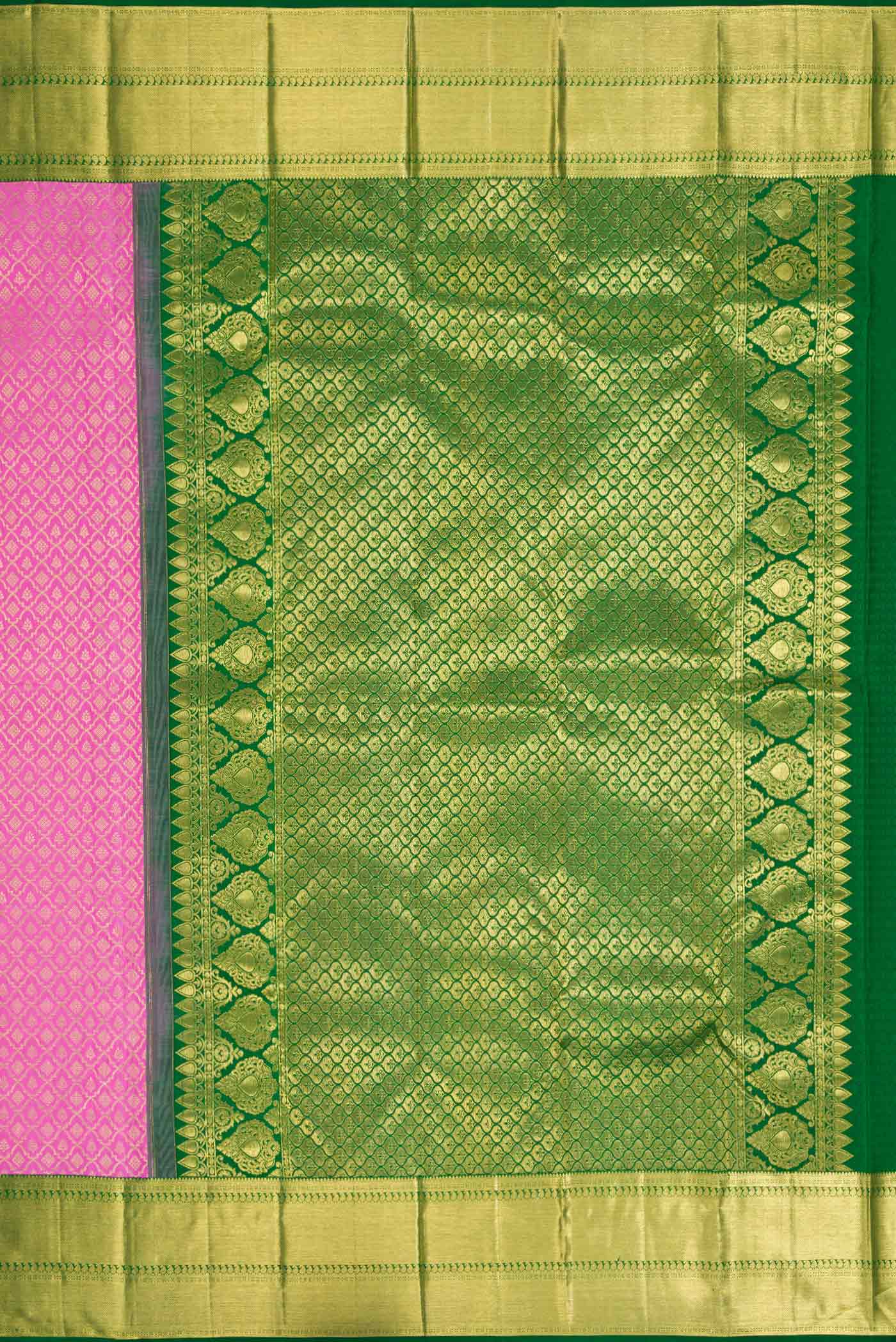 Close up image of the pallu of Pink Dual Tone Kanchipuram Silk Saree with Zari Brocade on the body and Zari Border