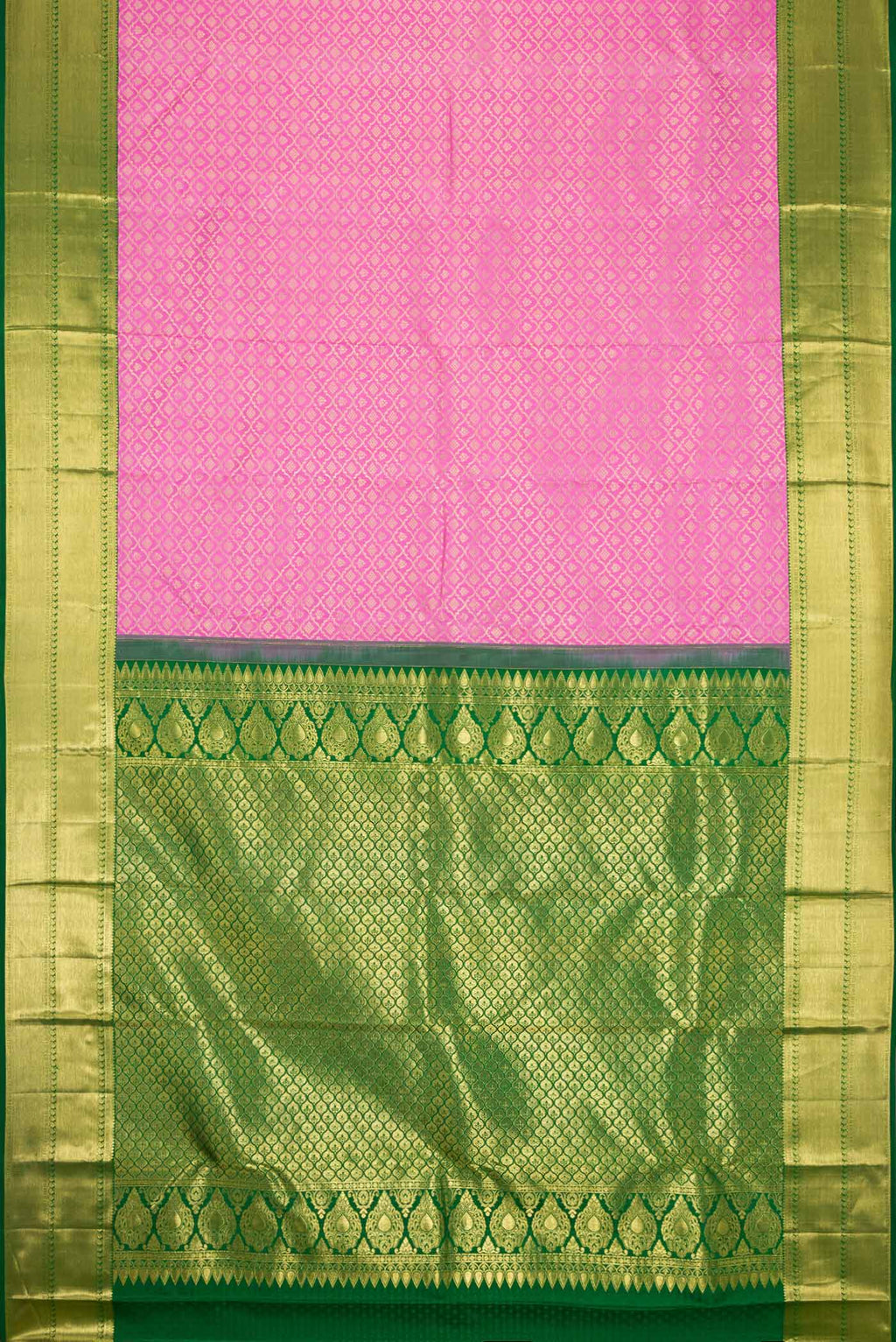 Flat view of Pink Dual Tone Kanchipuram Silk Saree with Zari Brocade on the body and Zari Border