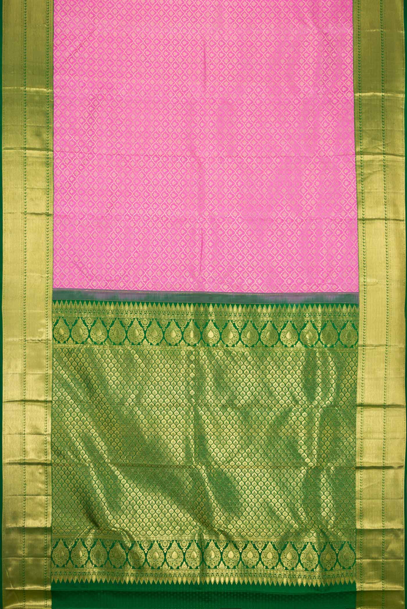 Flat view of Pink Dual Tone Kanchipuram Silk Saree with Zari Brocade on the body and Zari Border