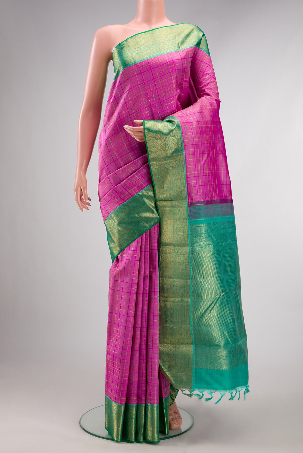 Pure Silk Pure Zari Pink Dual Tone Kanchipuram Saree with Checked design on the body and Zari Border.  displayed on a mannequin