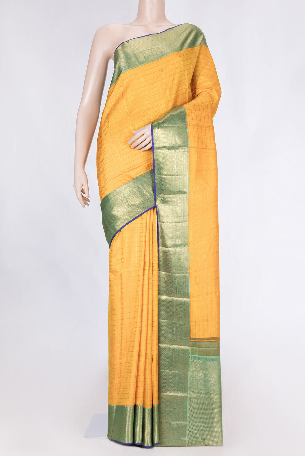 Pure Silk Pure Zari Orange Dual Tone Kanchipuram Saree with Checked design on the body and Zari Border displayed on a mannequin