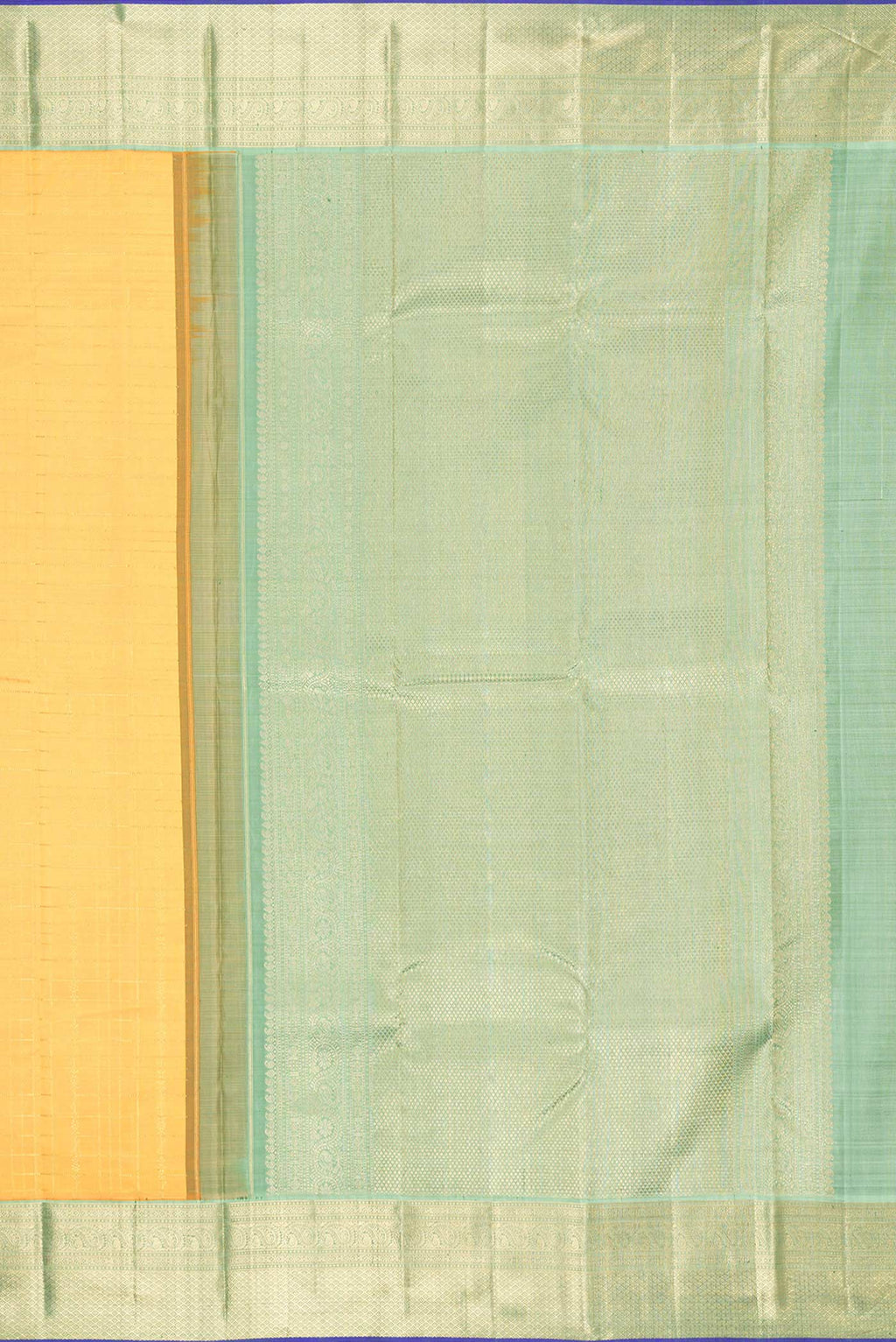 Close up image of the pallu of Pure Silk Pure Zari Orange Dual Tone Kanchipuram Saree with Checked design on the body and Zari Border