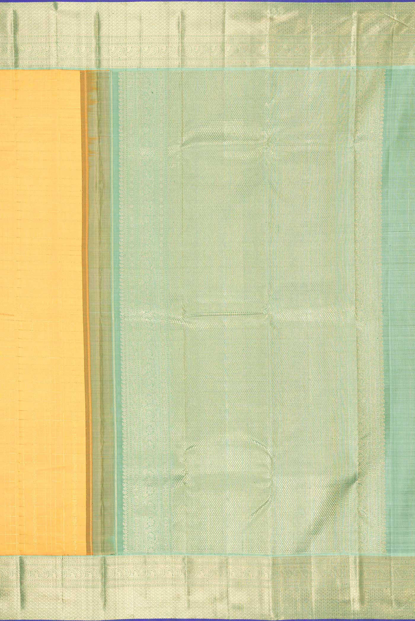 Close up image of the pallu of Pure Silk Pure Zari Orange Dual Tone Kanchipuram Saree with Checked design on the body and Zari Border