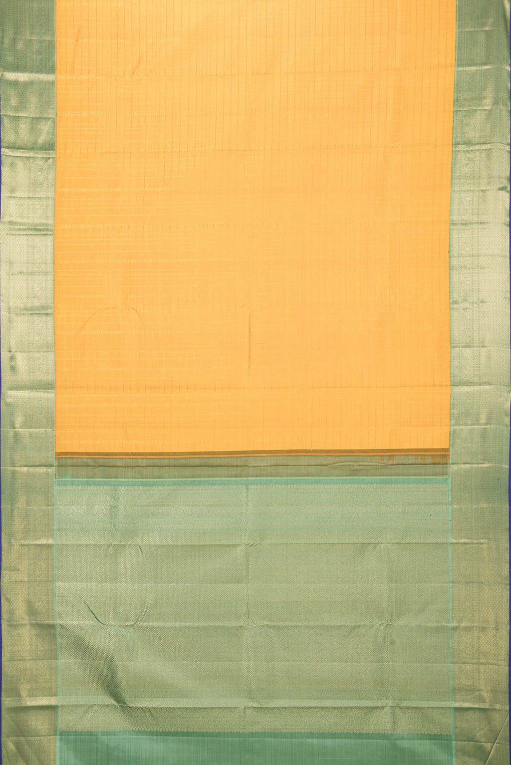 Flat view of Pure Silk Pure Zari Orange Dual Tone Kanchipuram Saree with Checked design on the body and Zari Border