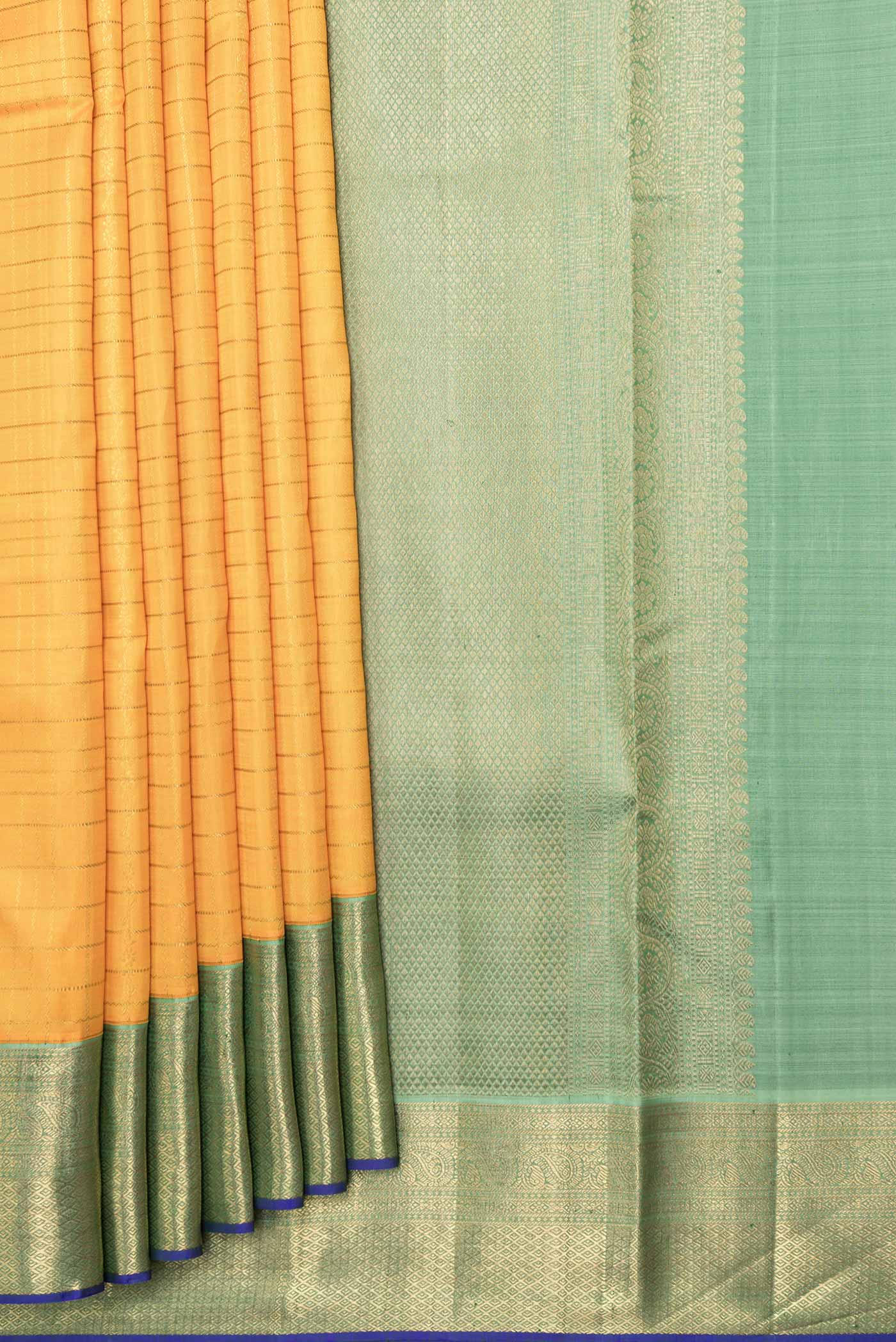 Pleats and pallu of Pure Silk Pure Zari Orange Dual Tone Kanchipuram Saree with Checked design on the body and Zari Border