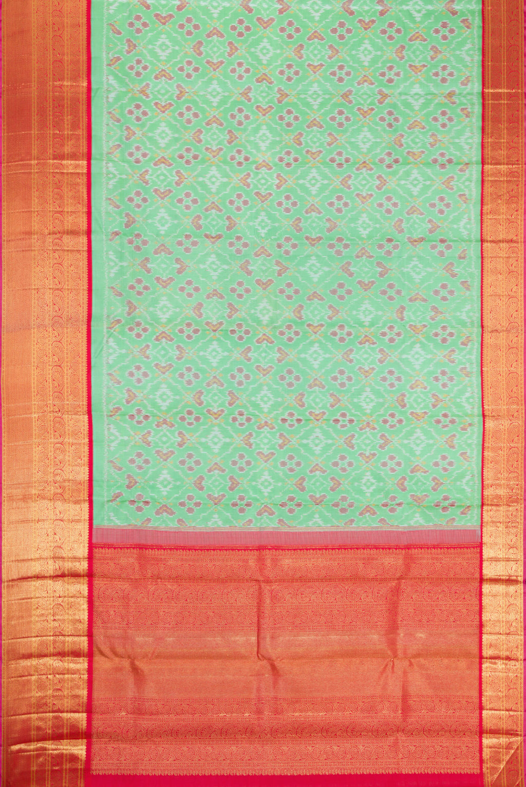 Flat view of Mustard Dual Tone Tussar Silk Saree with Embroidery on the body and Embroidery Border. 