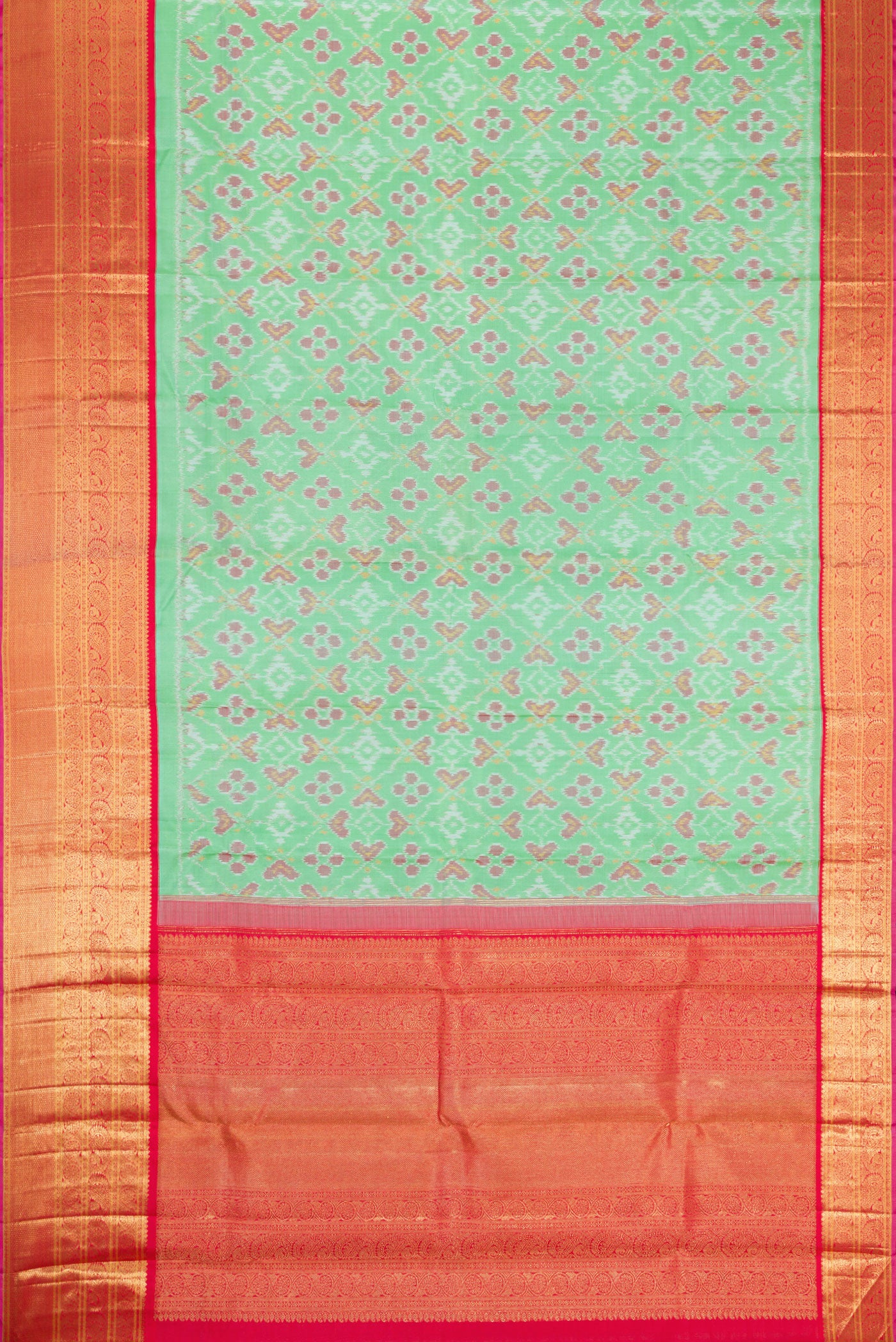 Flat view of Mustard Dual Tone Tussar Silk Saree with Embroidery on the body and Embroidery Border. 