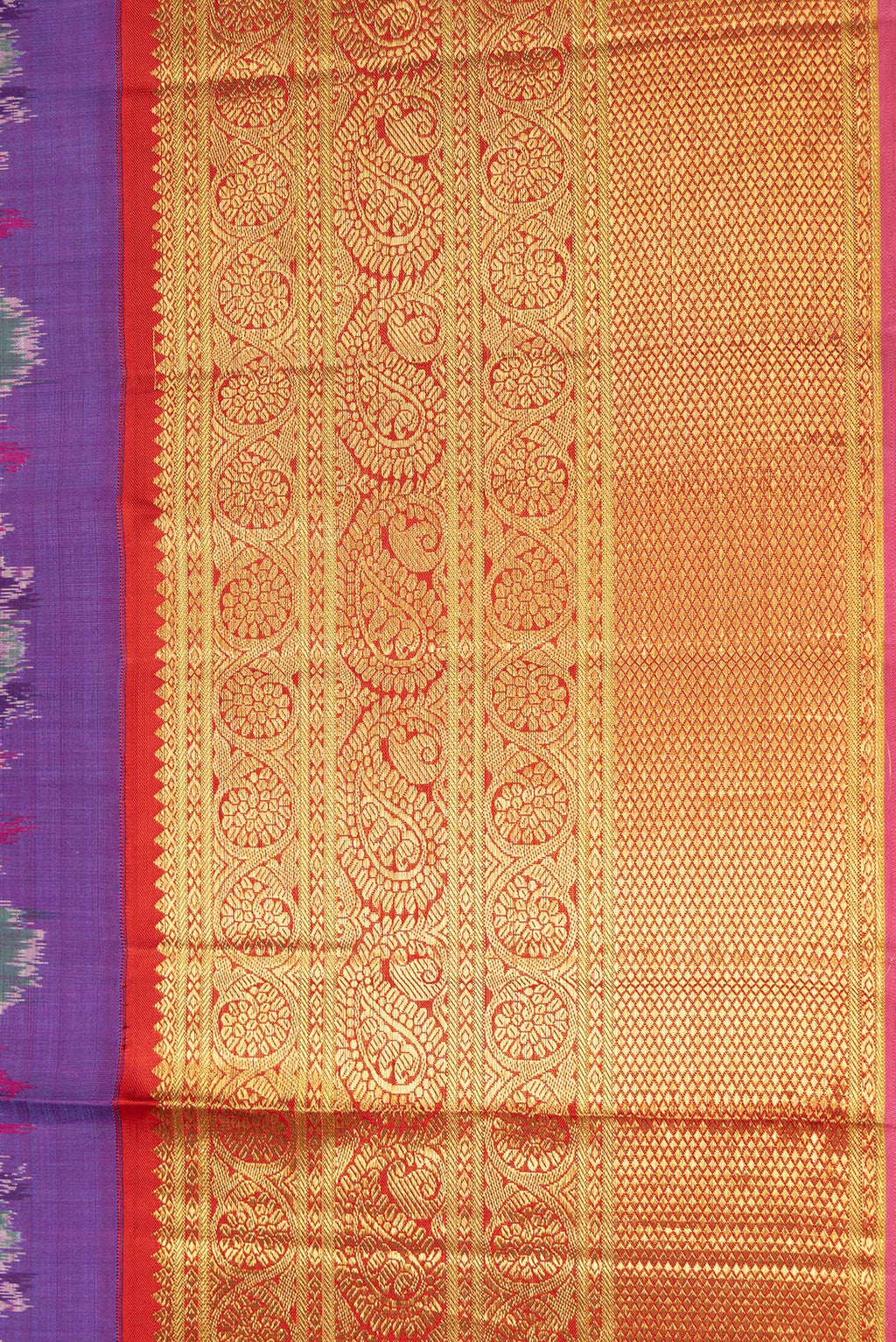 Border image of Purple Dual Tone Kanjivaram Silk Saree with Ikat Print on the body and Zari Border. 