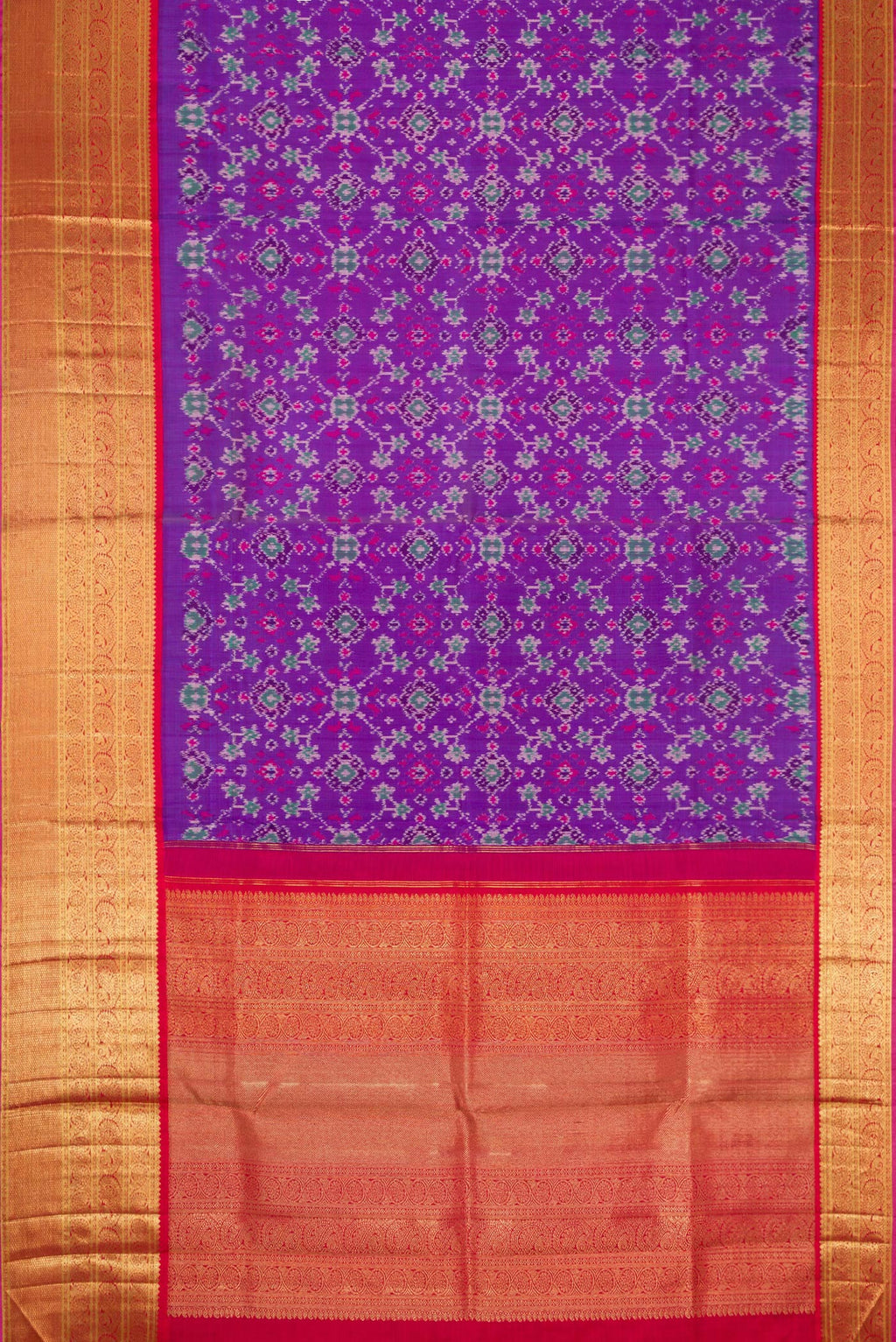 Flat view of Purple Dual Tone Kanjivaram Silk Saree with Ikat Print on the body and Zari Border. 
