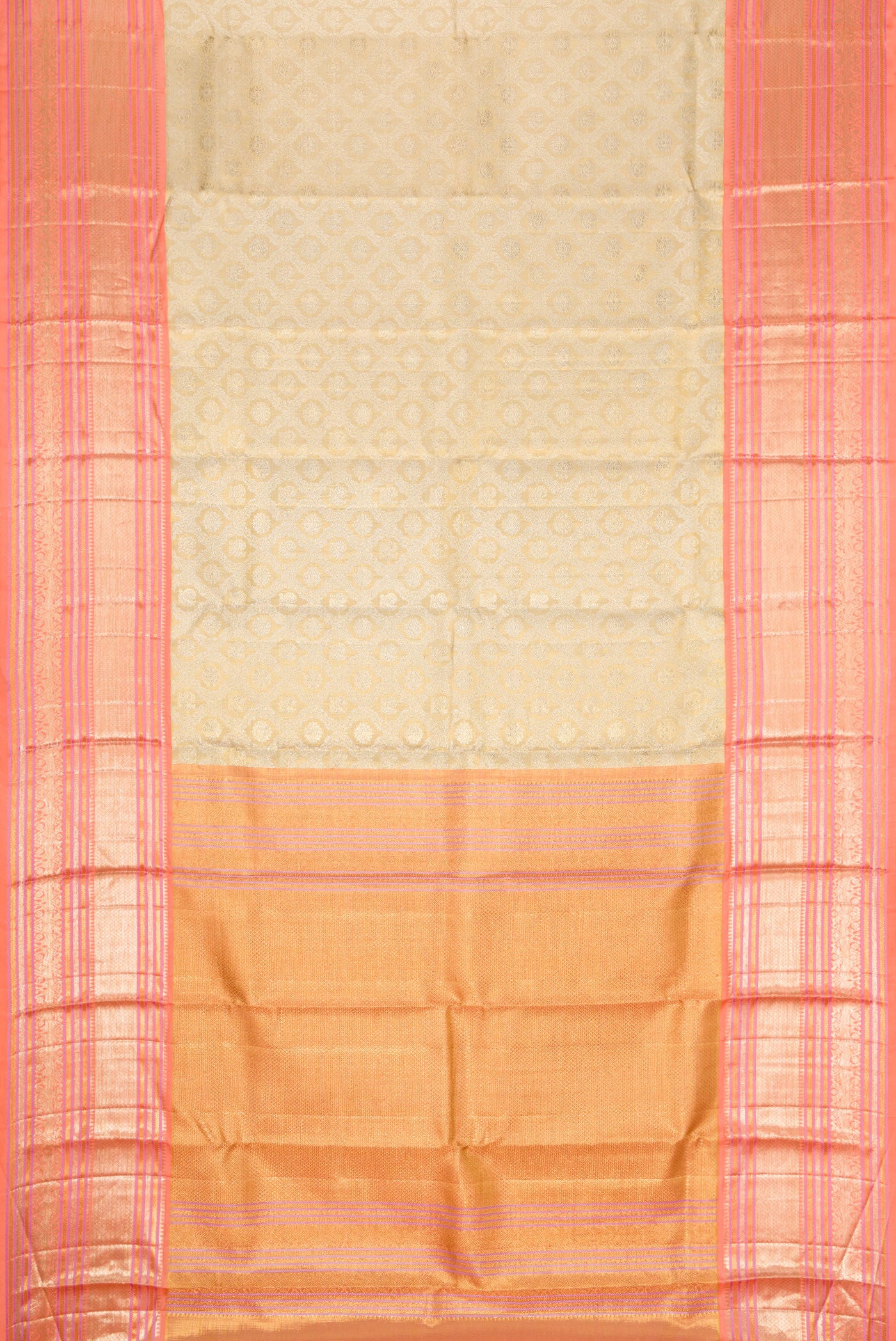 Flat view of Gold Dual Tone Kanjivaram Tissue Silk Saree with Zari Brocade on the body and Zari Border. 