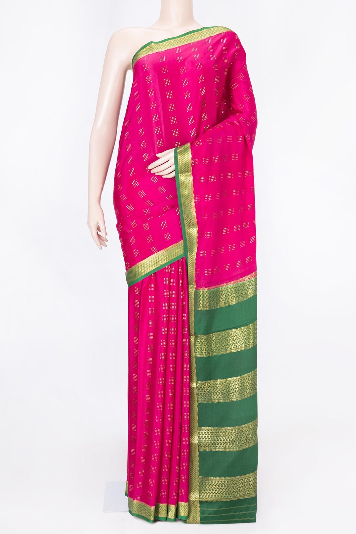 Pink Dual Tone Mysore Crepe Saree with Zari Butta on the body and Zari Border displayed on a mannequin