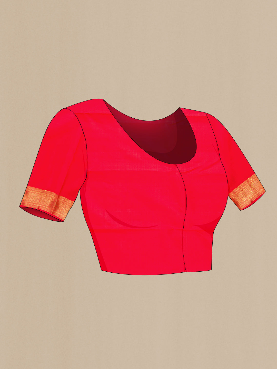 Close up image of the blouse of Pure Silk Pure Zari Red Dual Tone Kanjivaram Saree with Zari Brocade on the body and Zari Border. 