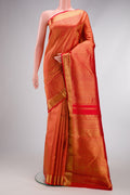 Pure Silk Pure Zari Red Dual Tone Kanjivaram Saree with Zari Brocade on the body and Zari Border.  displayed on a mannequin