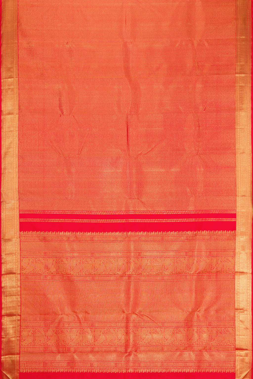 Flat view of Pure Silk Pure Zari Red Dual Tone Kanjivaram Saree with Zari Brocade on the body and Zari Border. 