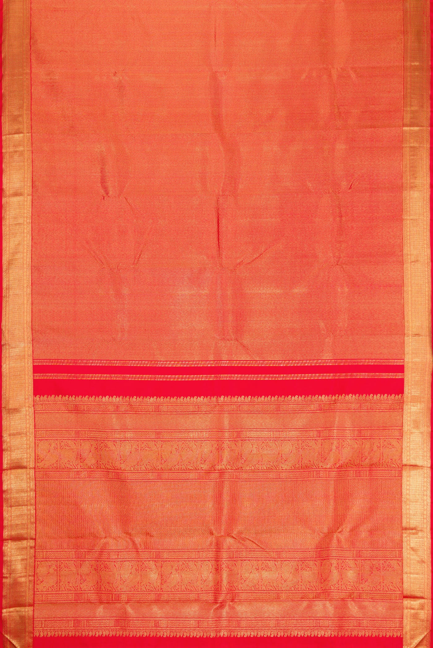 Flat view of Pure Silk Pure Zari Red Dual Tone Kanjivaram Saree with Zari Brocade on the body and Zari Border. 