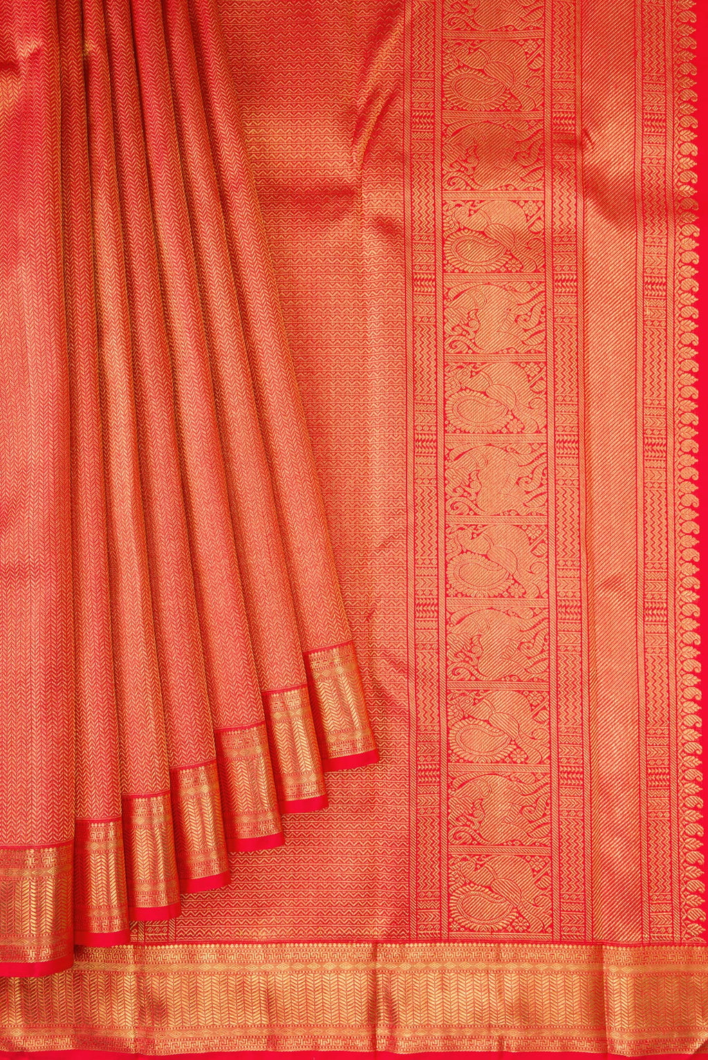 Pleats and pallu of Pure Silk Pure Zari Red Dual Tone Kanjivaram Saree with Zari Brocade on the body and Zari Border. 