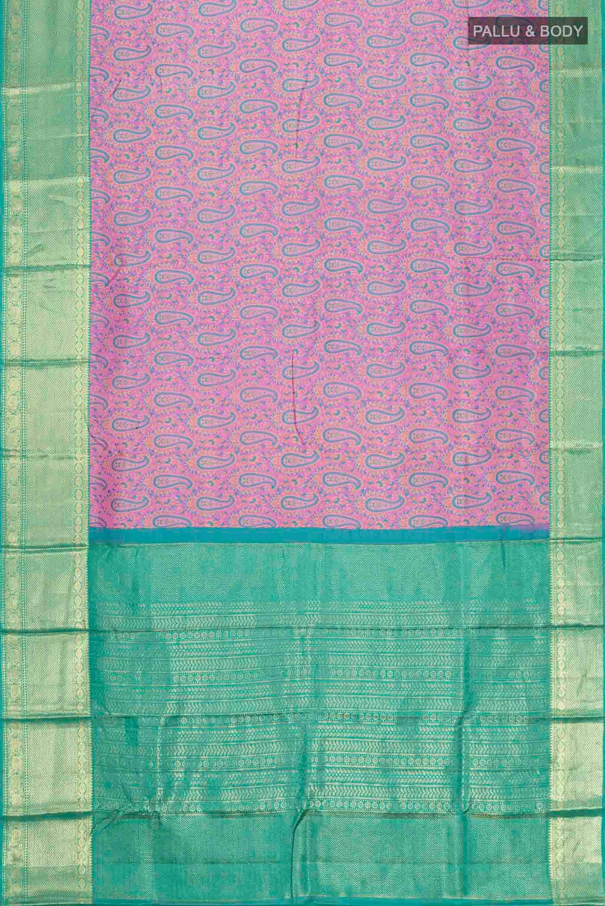 Flat view of Lavender Kanchipuram Silk Saree with Jacquard design on the body and Zari Border