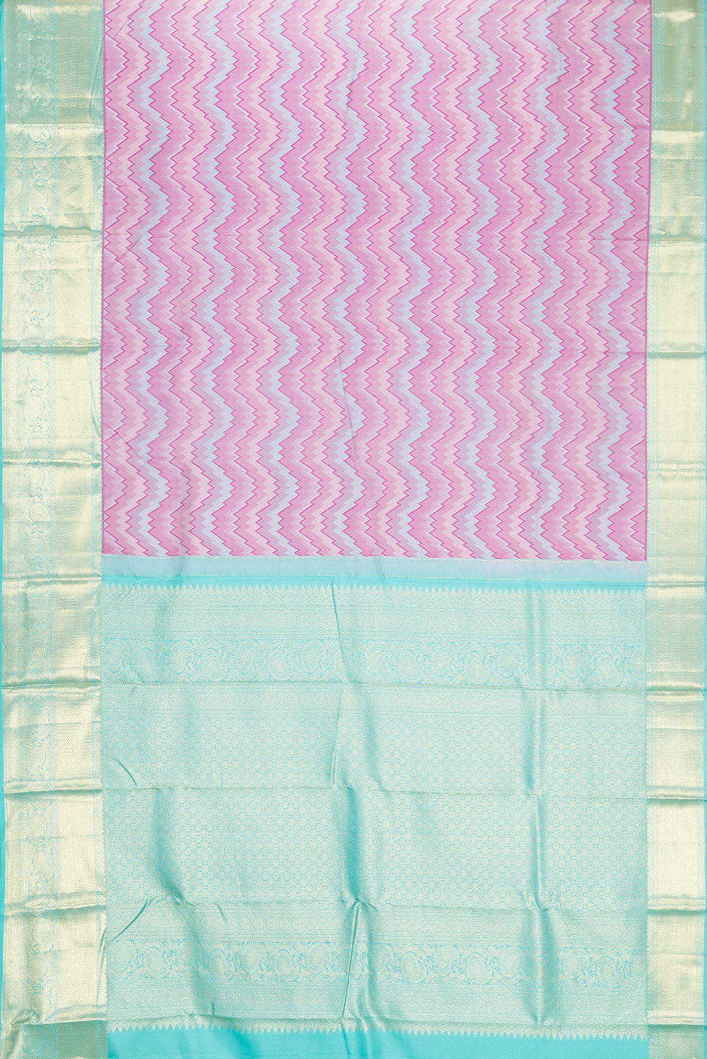 Flat view of Pink Dual Tone Kanchipuram Silk Saree with Jacquard design on the body and Zari Border. 