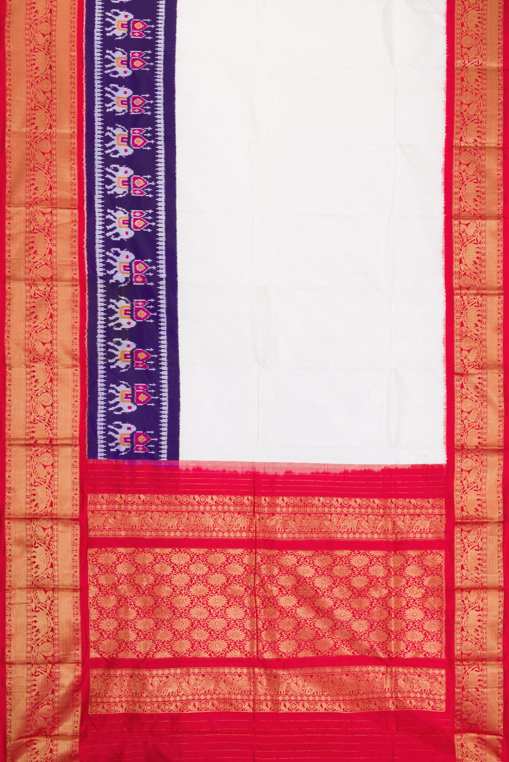 Flat view of White Double Ikat Saree with Plain Body and Ganga Jamuna Border. 
