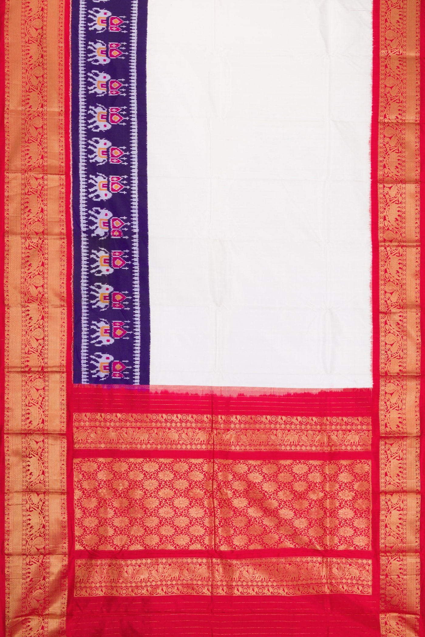 Flat view of White Double Ikat Saree with Plain Body and Ganga Jamuna Border. 