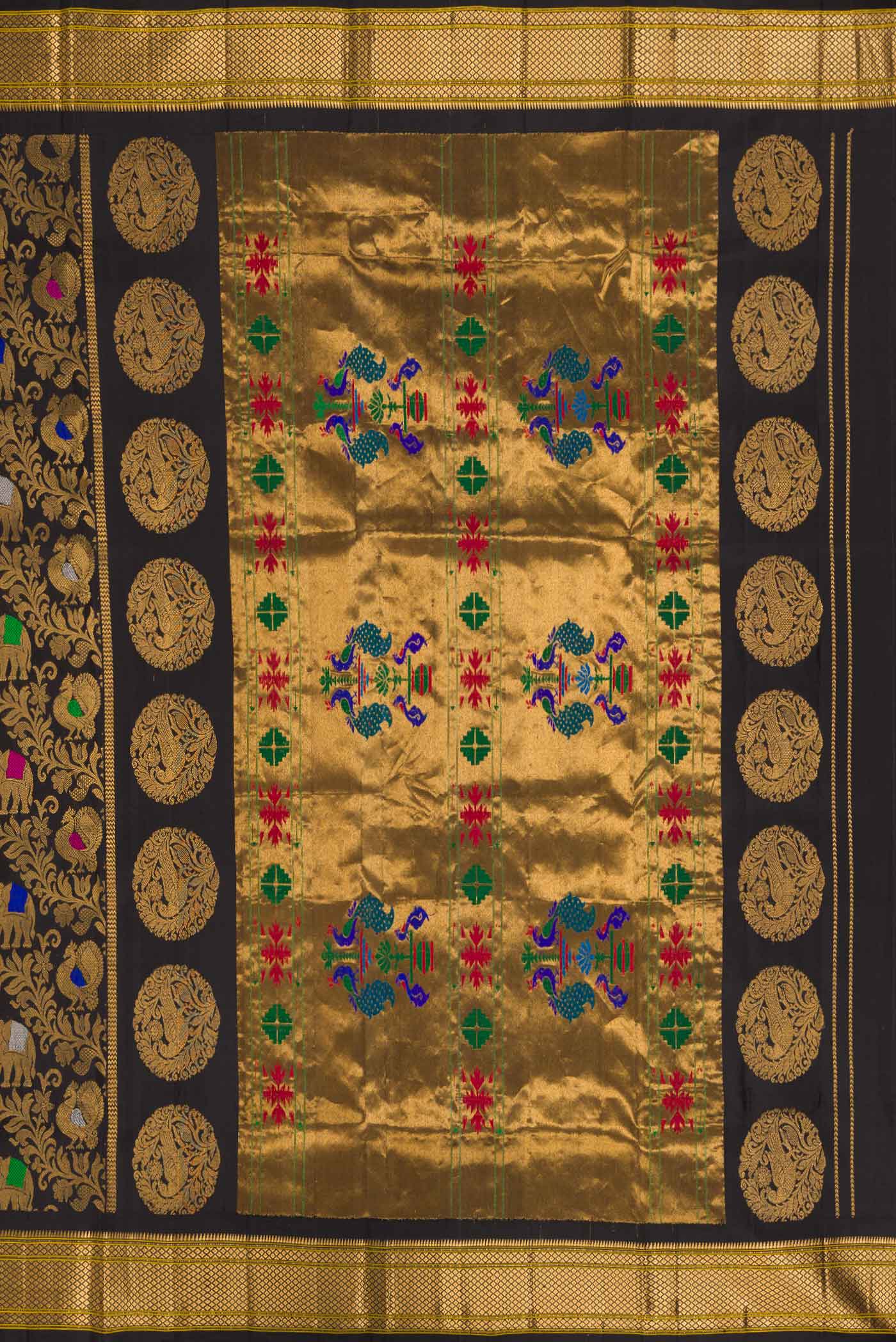 Close up image of the pallu of Black Dual Tone Paithani Silk Saree with Zari Brocade on the body and Zari Border. 