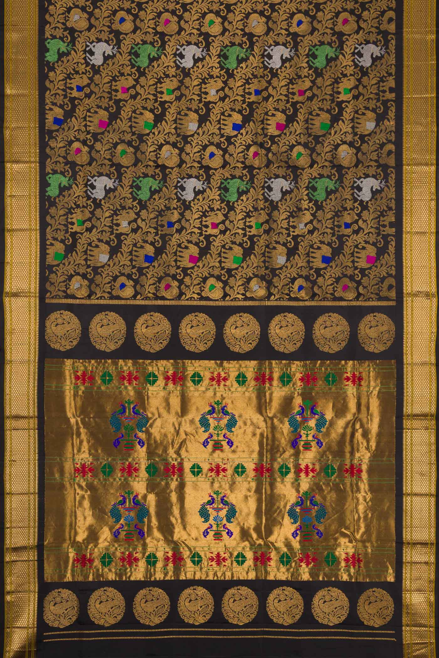 Flat view of Black Dual Tone Paithani Silk Saree with Zari Brocade on the body and Zari Border. 