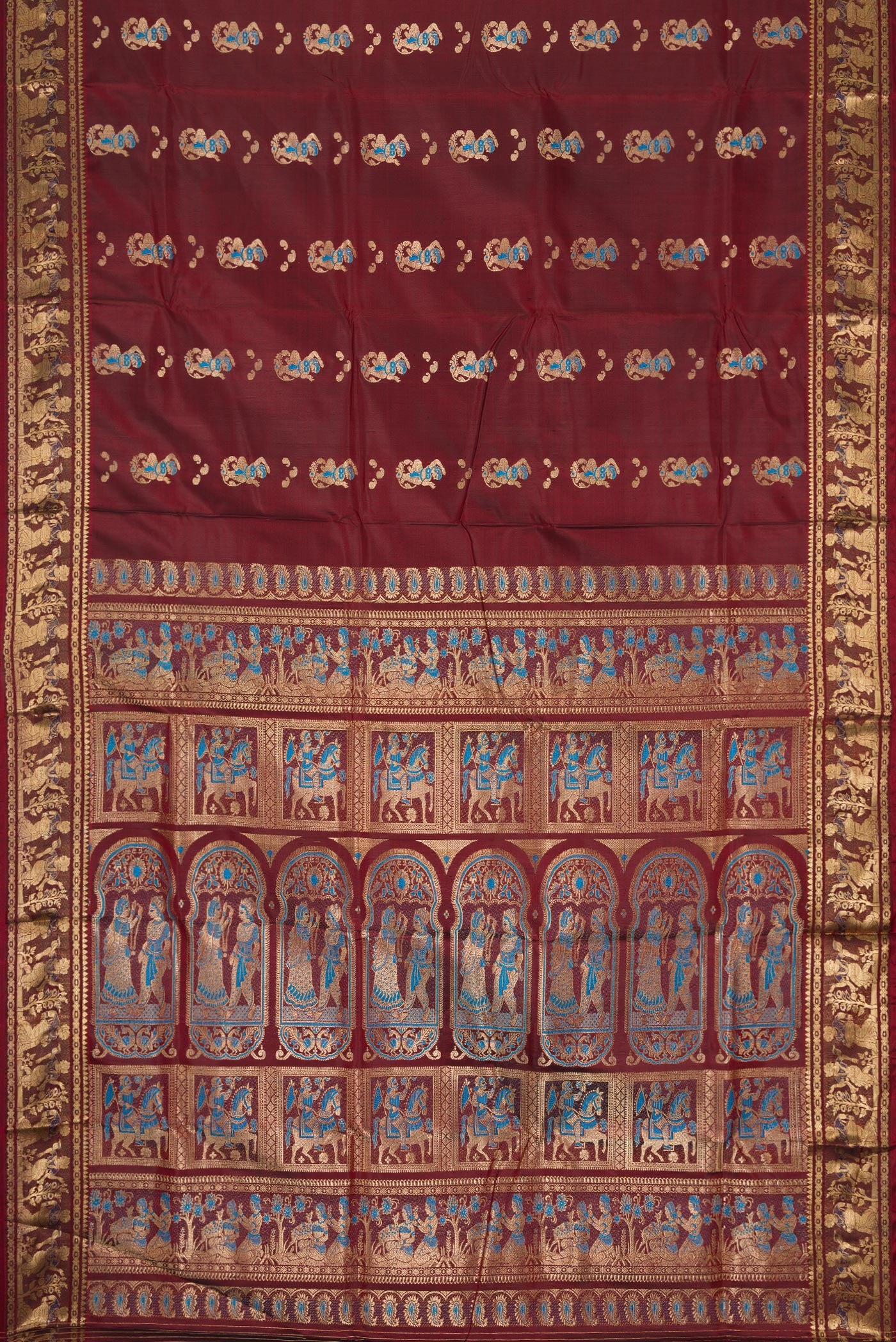 Flat view of Maroon Dual Tone Baluchari Silk Saree with Thread Butta on the body and Thread Border. 
