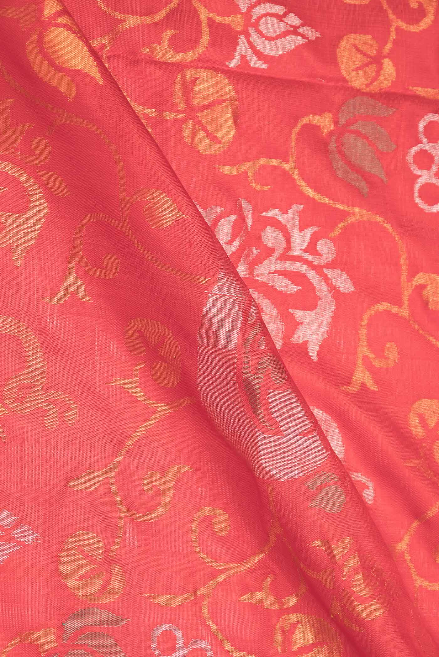 Close up of Red Dual Tone Uppada Silk Saree with Zari Brocade on the body and Zari Border displaying folds