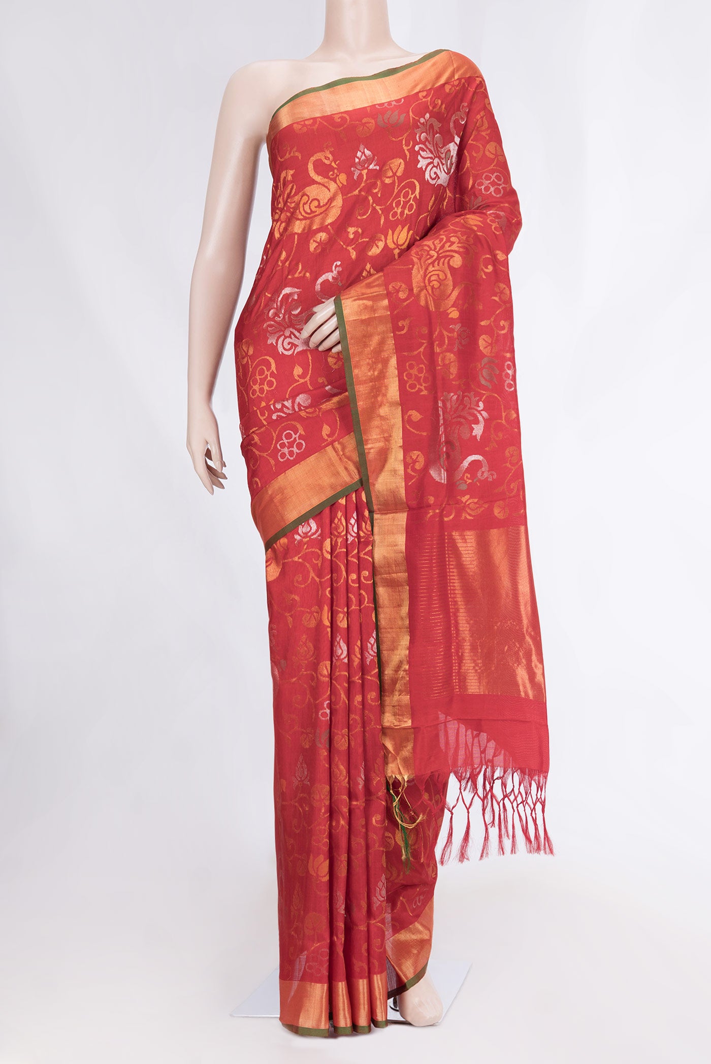 Red Dual Tone Uppada Silk Saree with Zari Brocade on the body and Zari Border displayed on a mannequin