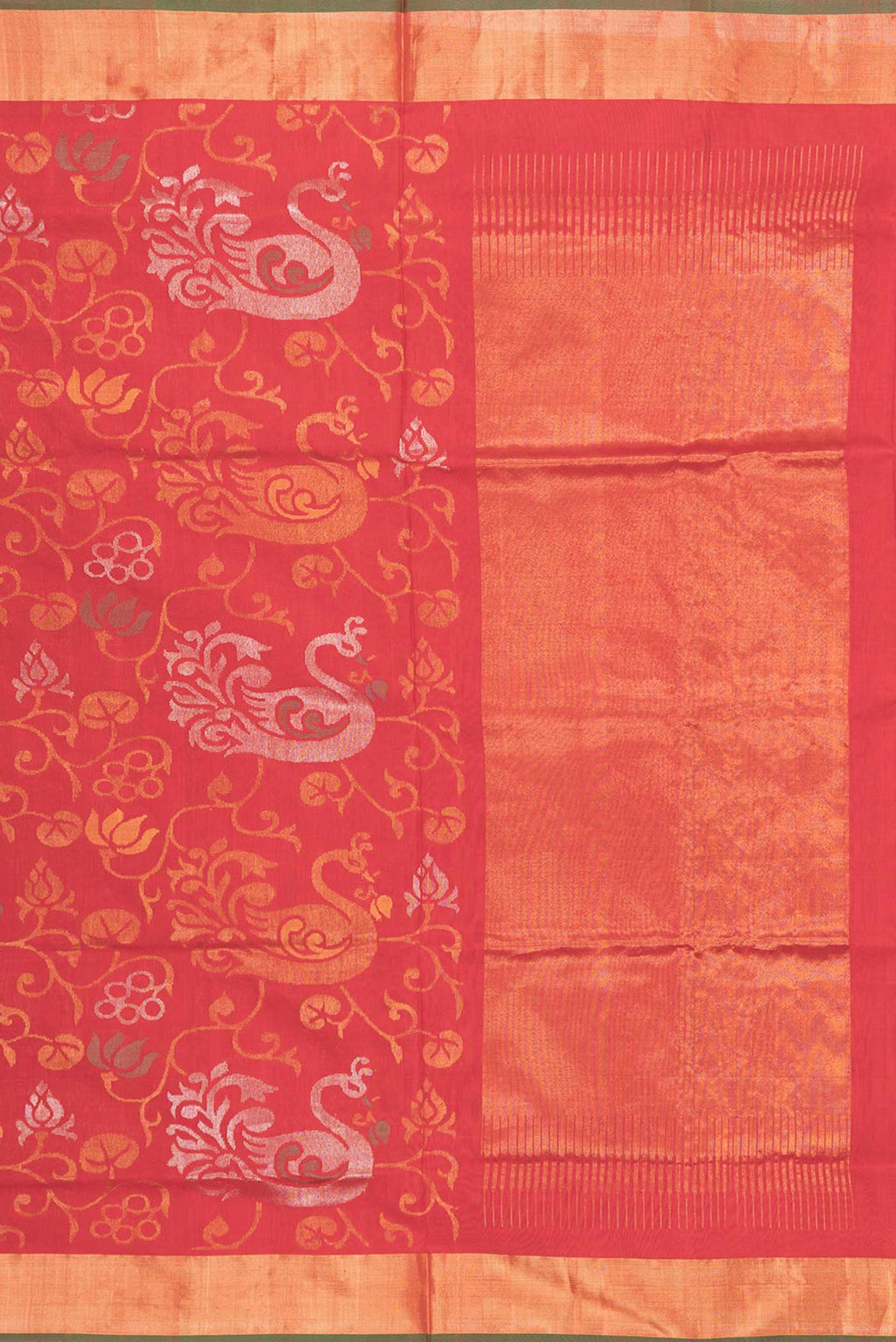 Close up image of the pallu of Red Dual Tone Uppada Silk Saree with Zari Brocade on the body and Zari Border