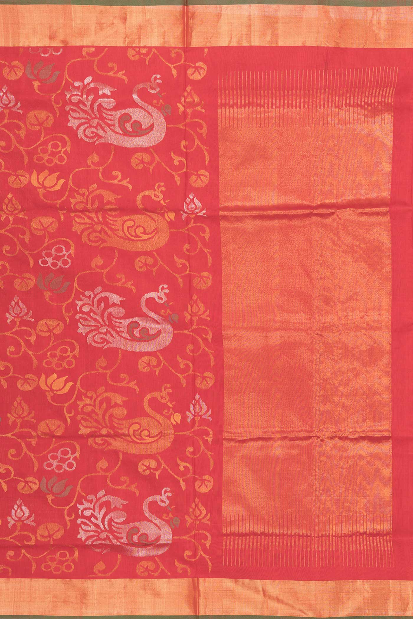 Close up image of the pallu of Red Dual Tone Uppada Silk Saree with Zari Brocade on the body and Zari Border
