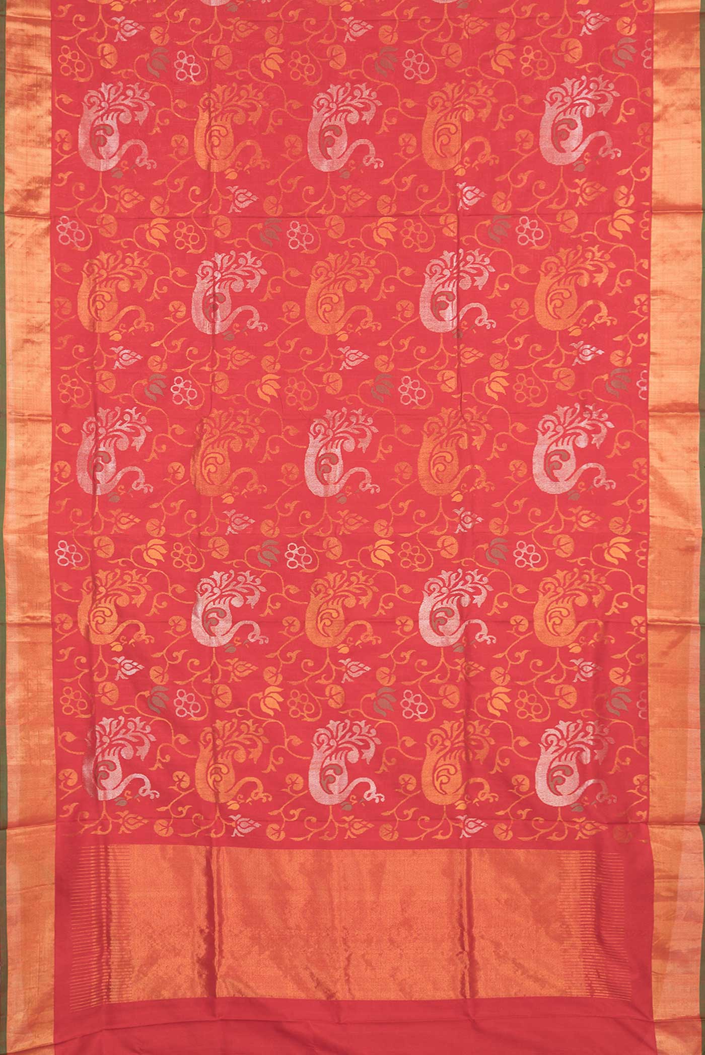 Flat view of Red Dual Tone Uppada Silk Saree with Zari Brocade on the body and Zari Border