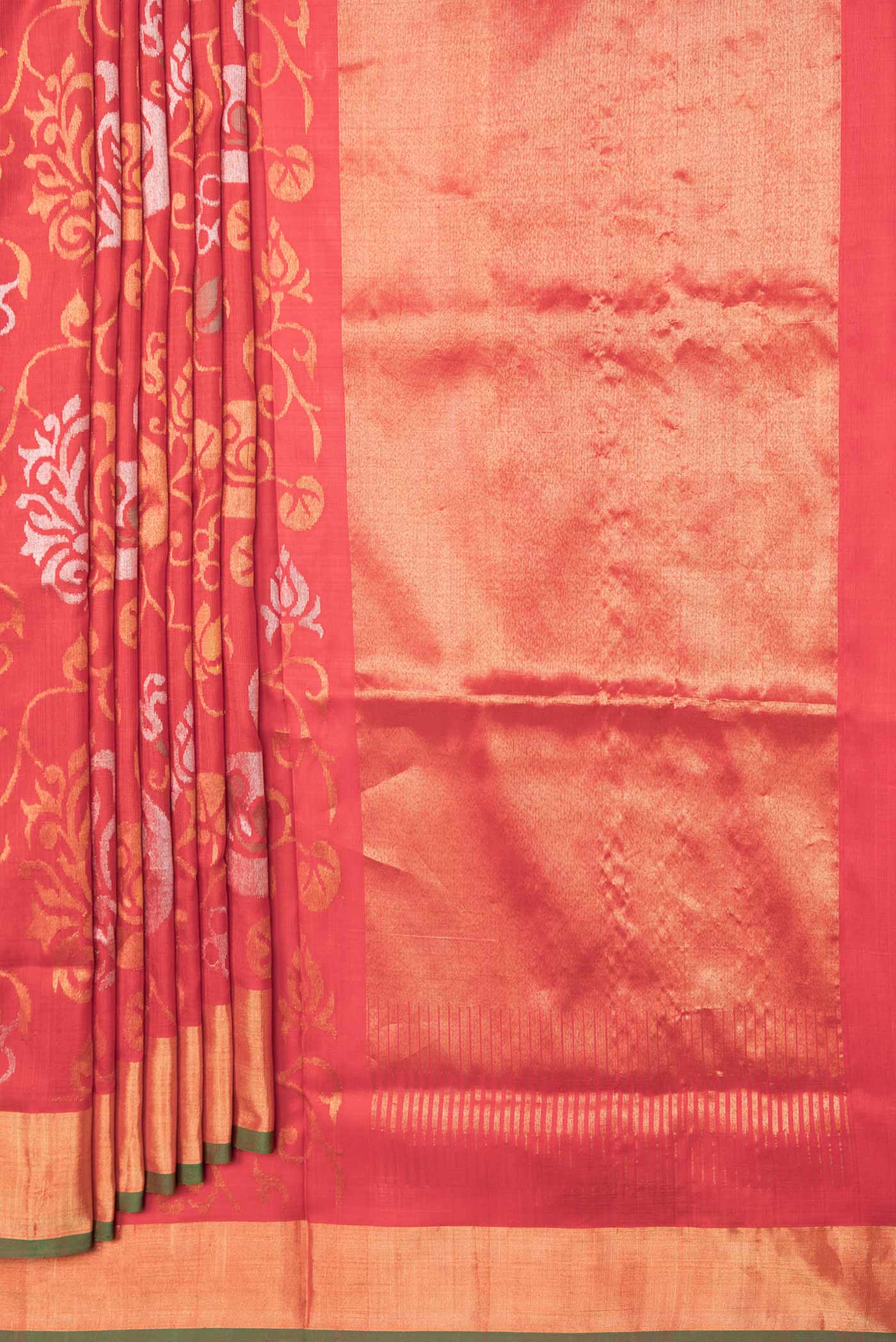 Pleats and pallu of Red Dual Tone Uppada Silk Saree with Zari Brocade on the body and Zari Border