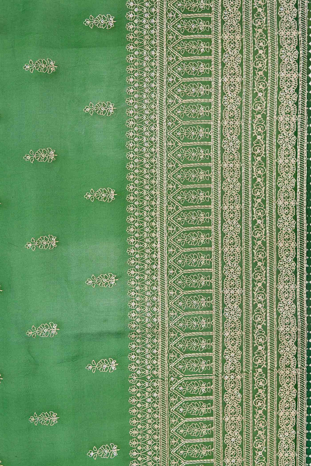 Border image of Bottle Green Dual Tone Organza Silk Saree with Embroidery on the body and Embroidery Border. 