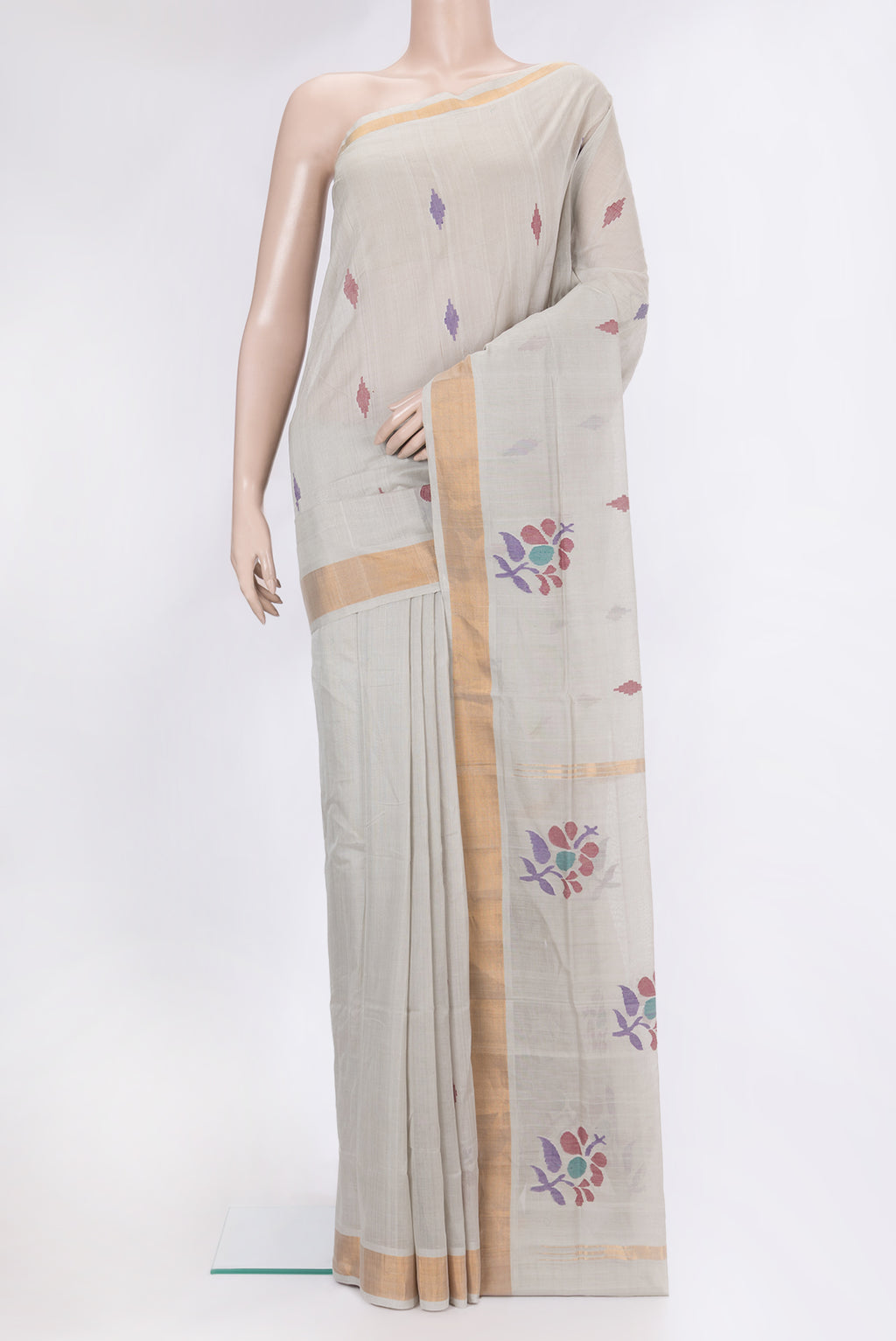 Grey Uppada Cotton Saree with Zari And Thread Butta on the body and Zari Border.  displayed on a mannequin