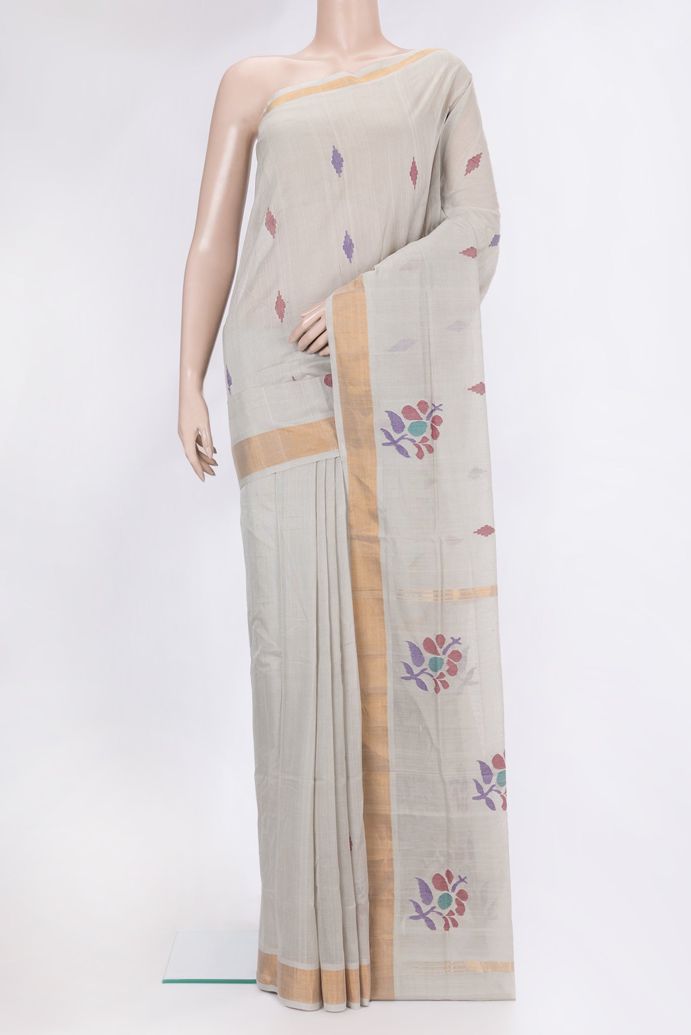 Grey Uppada Cotton Saree with Zari And Thread Butta on the body and Zari Border.  displayed on a mannequin